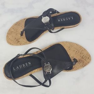 Ralph Lauren T-Strap Black Leather & Cork Sandals!